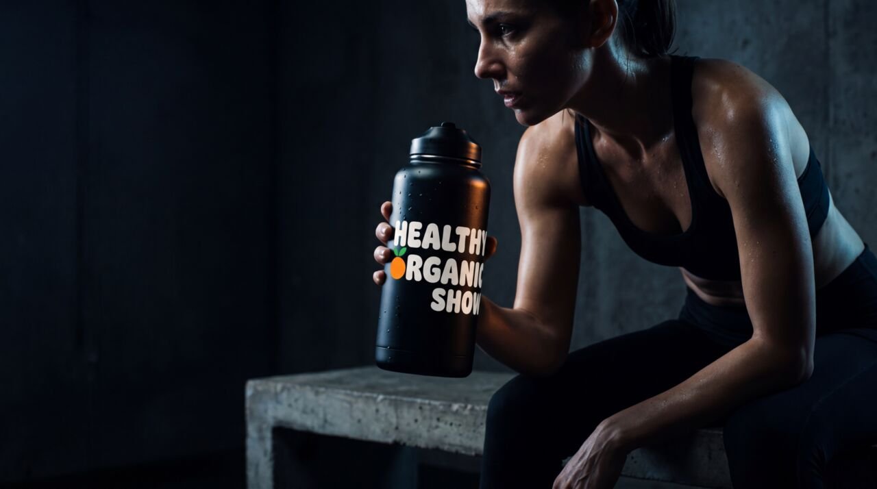 Athlete resting beside a branded bottle after an early training session