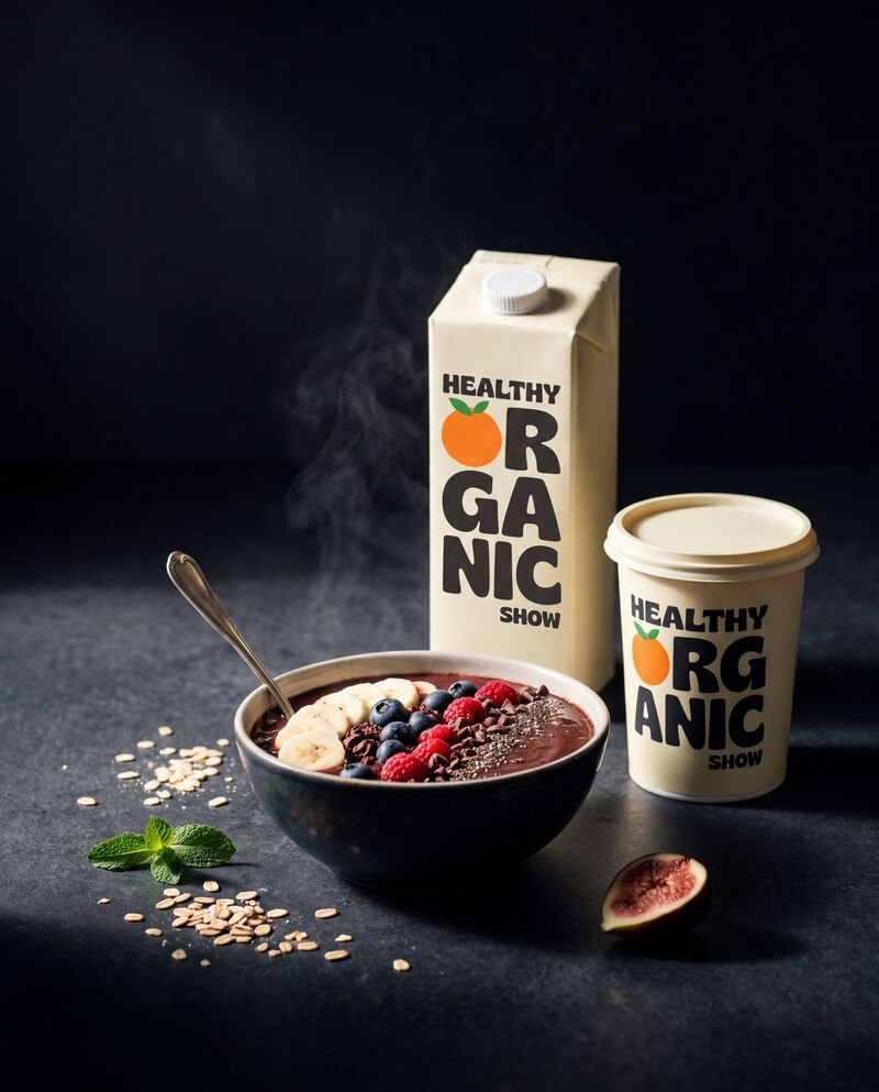 An organic breakfast bowl beside a carton of plant milk and a yoghurt cup