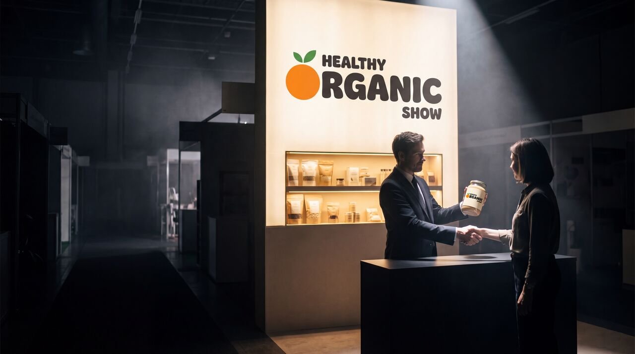 An exhibitor and a buyer shaking hands over a product sample at a show stand