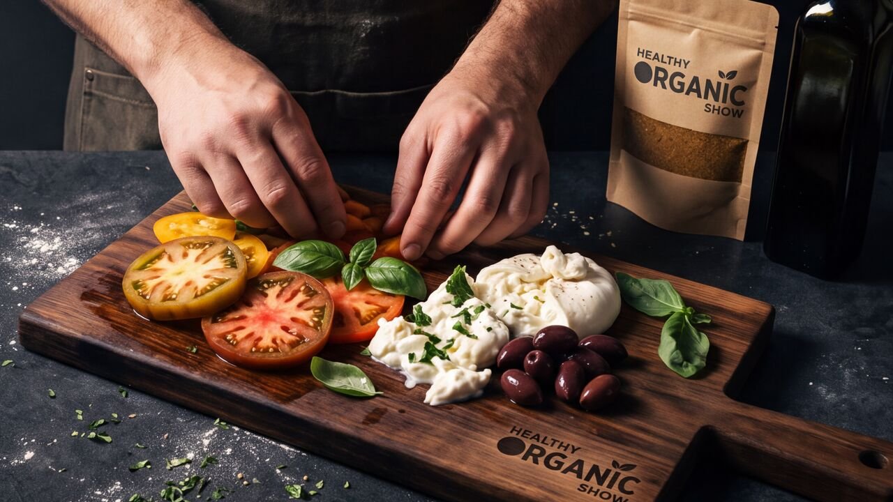 A chef preparing a board of heirloom tomatoes, basil and mozzarella