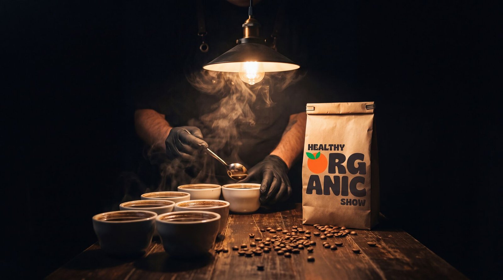 A buyer cupping organic coffee beside a Healthy Organic Show sample pouch under a single pendant lamp