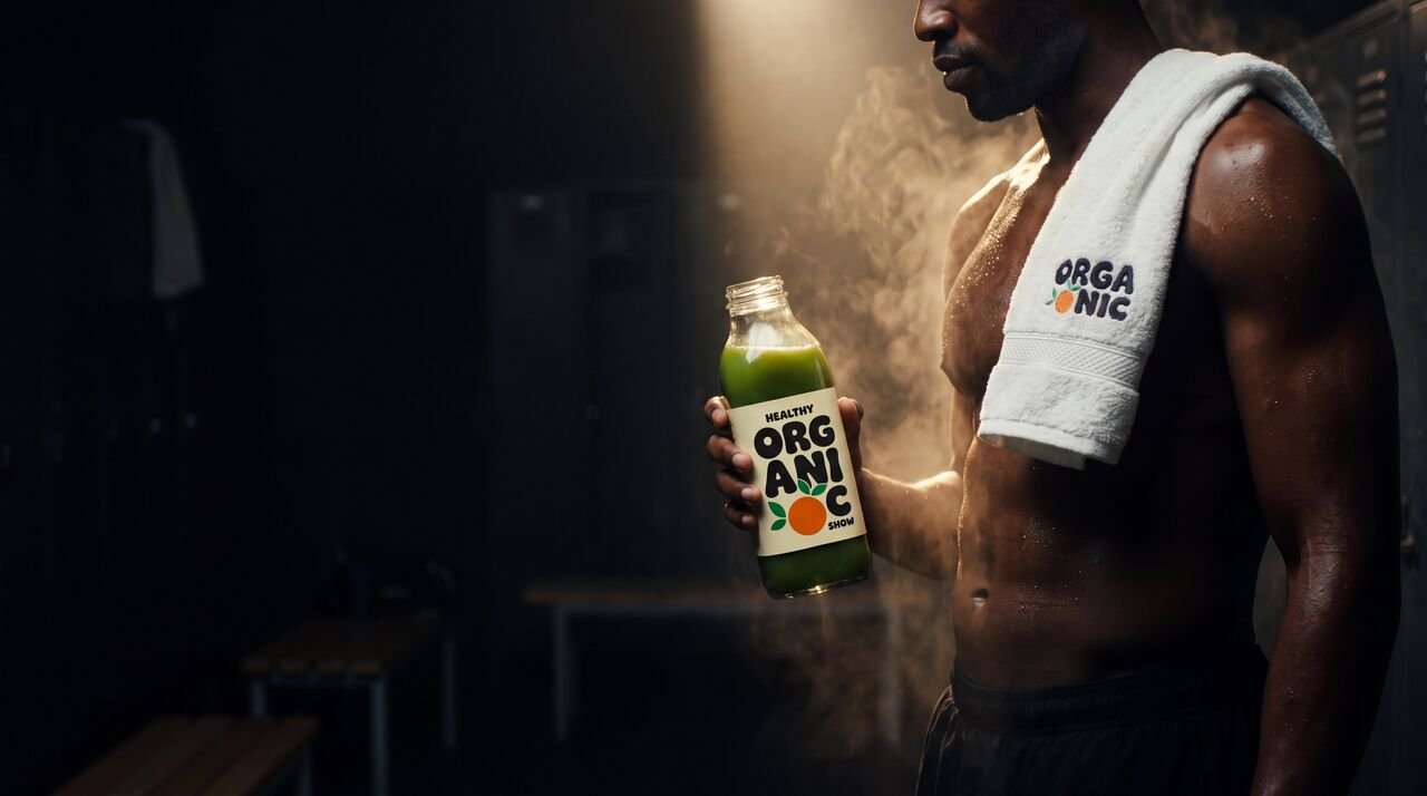 An athlete in a locker room holding a bottle of cold-pressed green juice