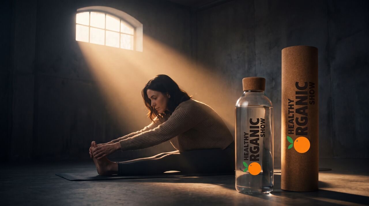A woman stretching on a mat at sunrise beside a glass bottle and a kraft supplement tube