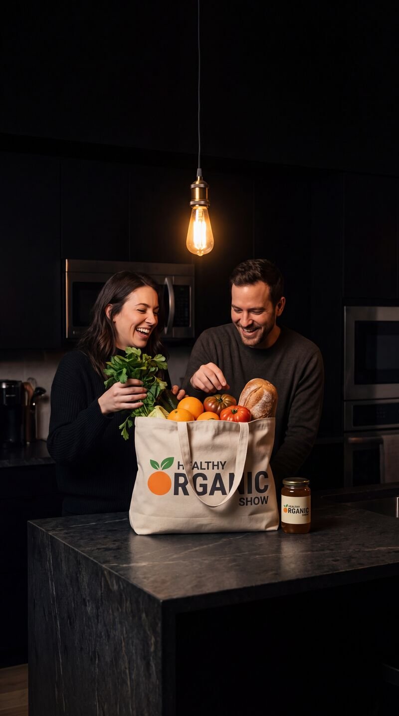 A couple unpacking a tote of organic groceries in their kitchen