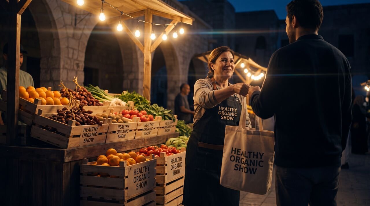 An evening market stall handing over a tote of fresh organic produce