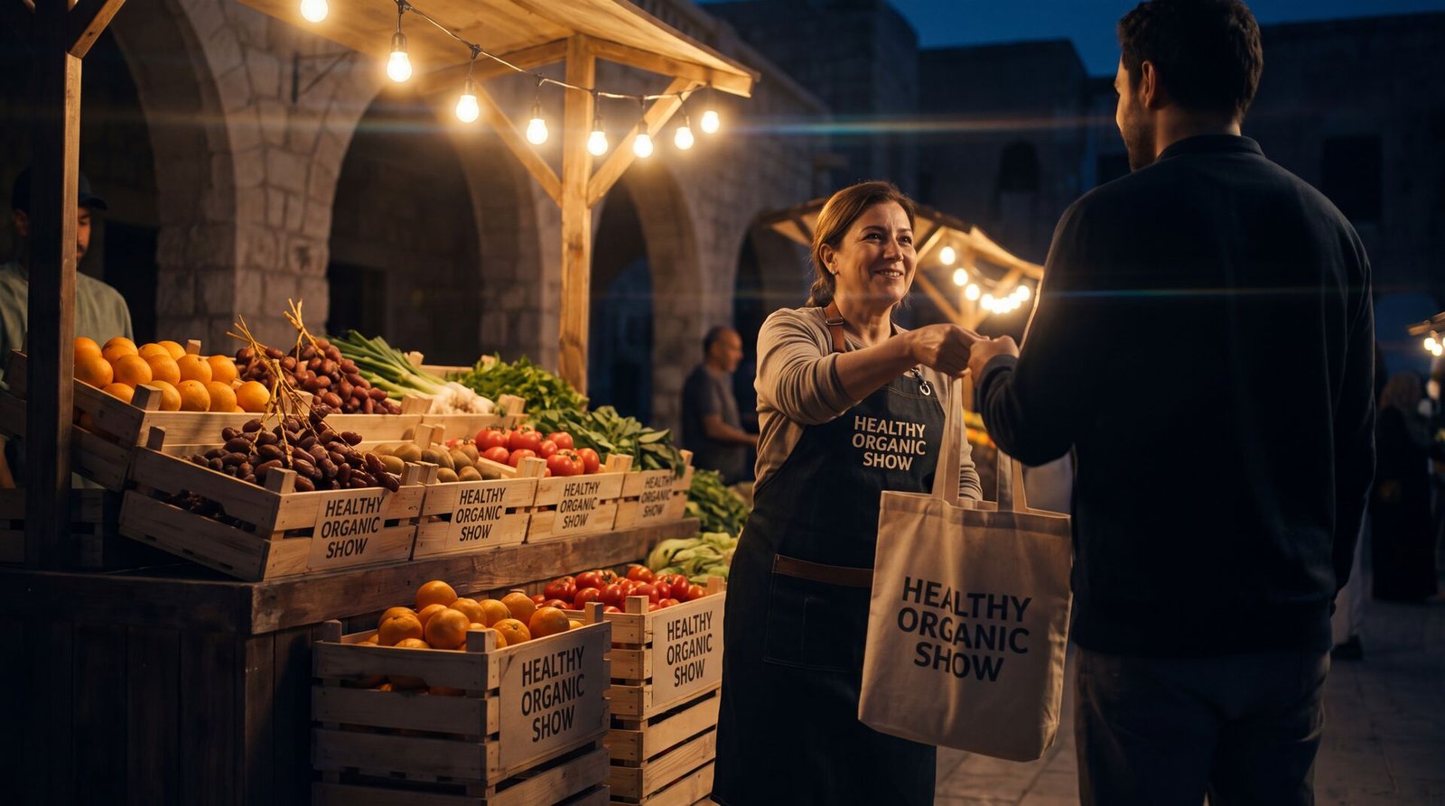 A market trader handing a Healthy Organic Show tote of fresh produce to a customer at an evening stall
