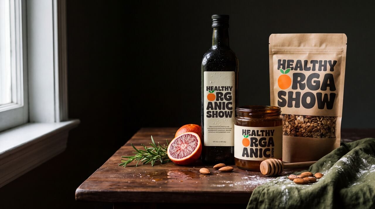 A still life of organic olive oil, honey and granola packaging by a window