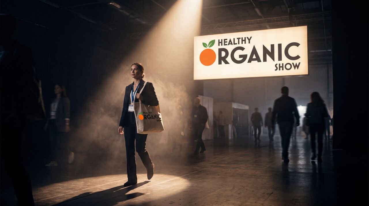 A trade buyer walking into the Healthy Organic Show hall on opening morning
