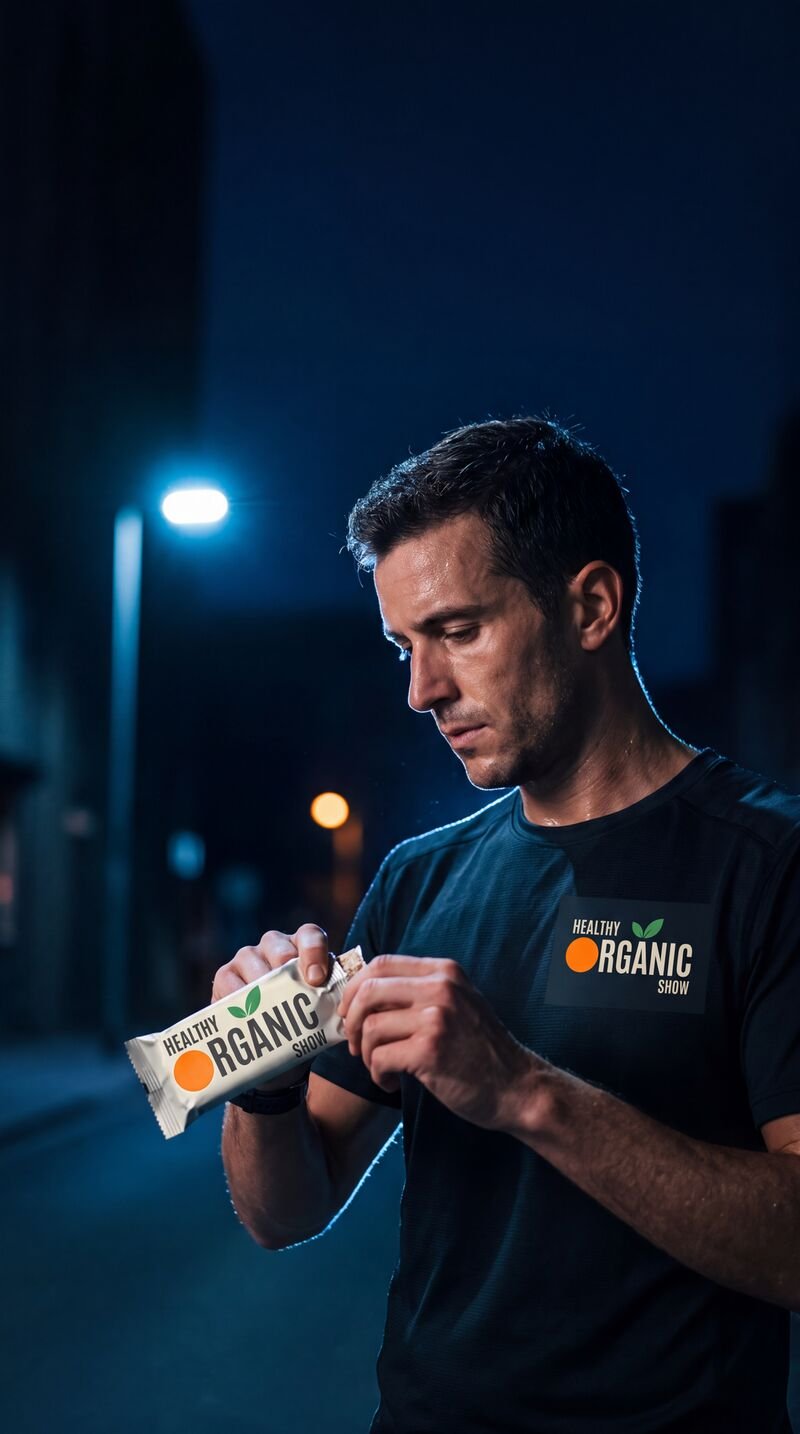 A man opening an organic snack bar on a city street in the evening