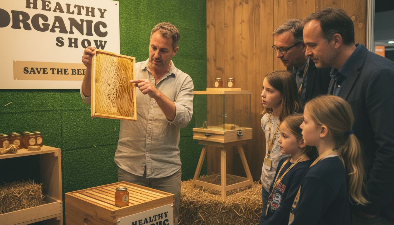 Beekeeper demonstrating a display hive to visitors