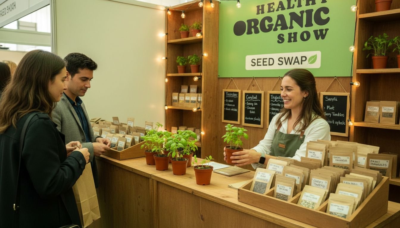 Heirloom seed swap table with jars of seeds