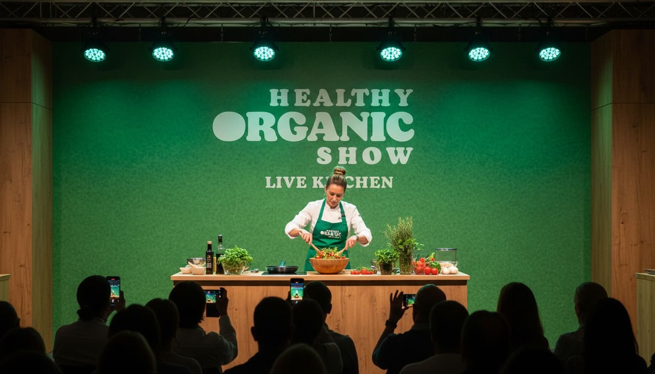 Chef tossing a salad on the Live Kitchen stage in front of a seated audience at the Healthy Organic Show