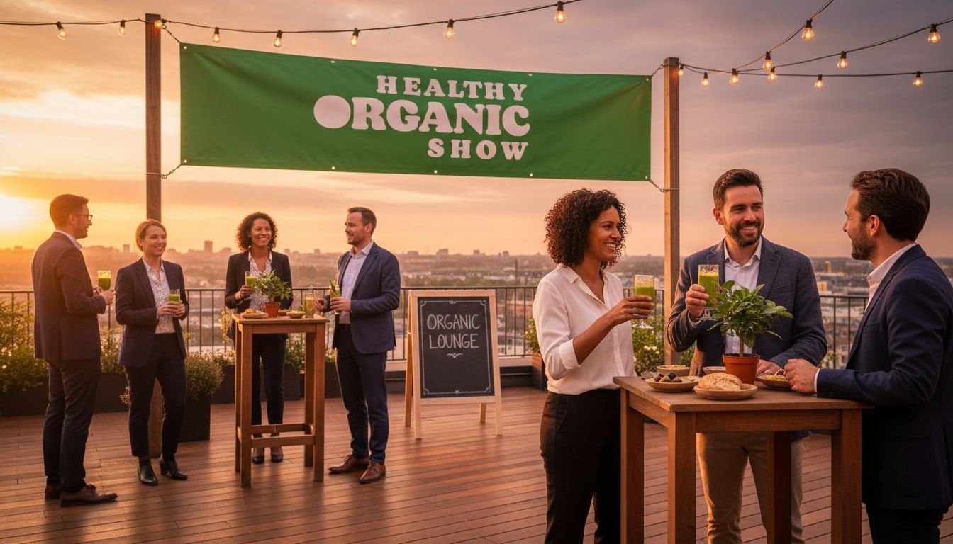 Show team and guests talking on the networking terrace of the Healthy Organic Show