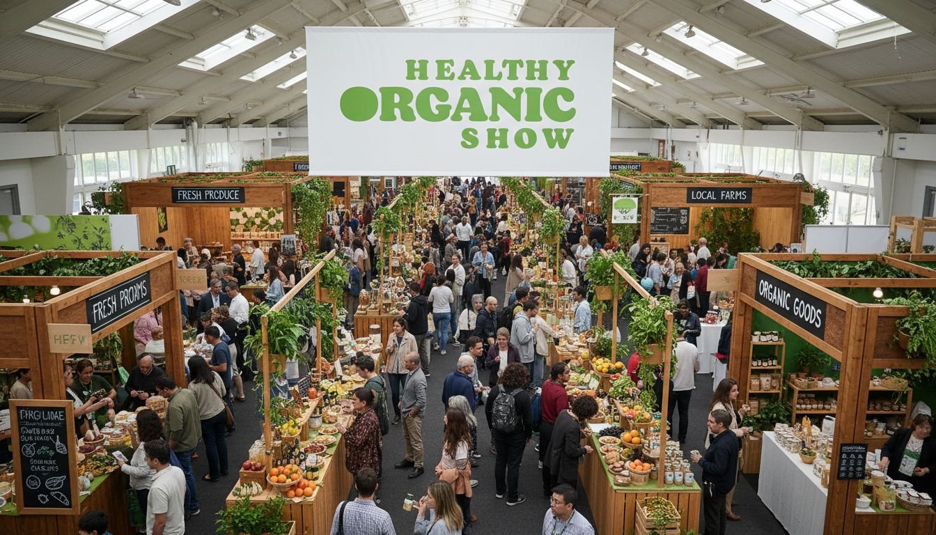 Crowded exhibition hall of the Healthy Organic Show under the suspended green banner