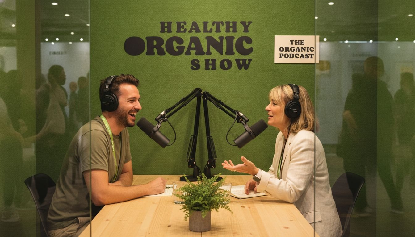 Open podcast studio broadcasting live interviews from the show floor
