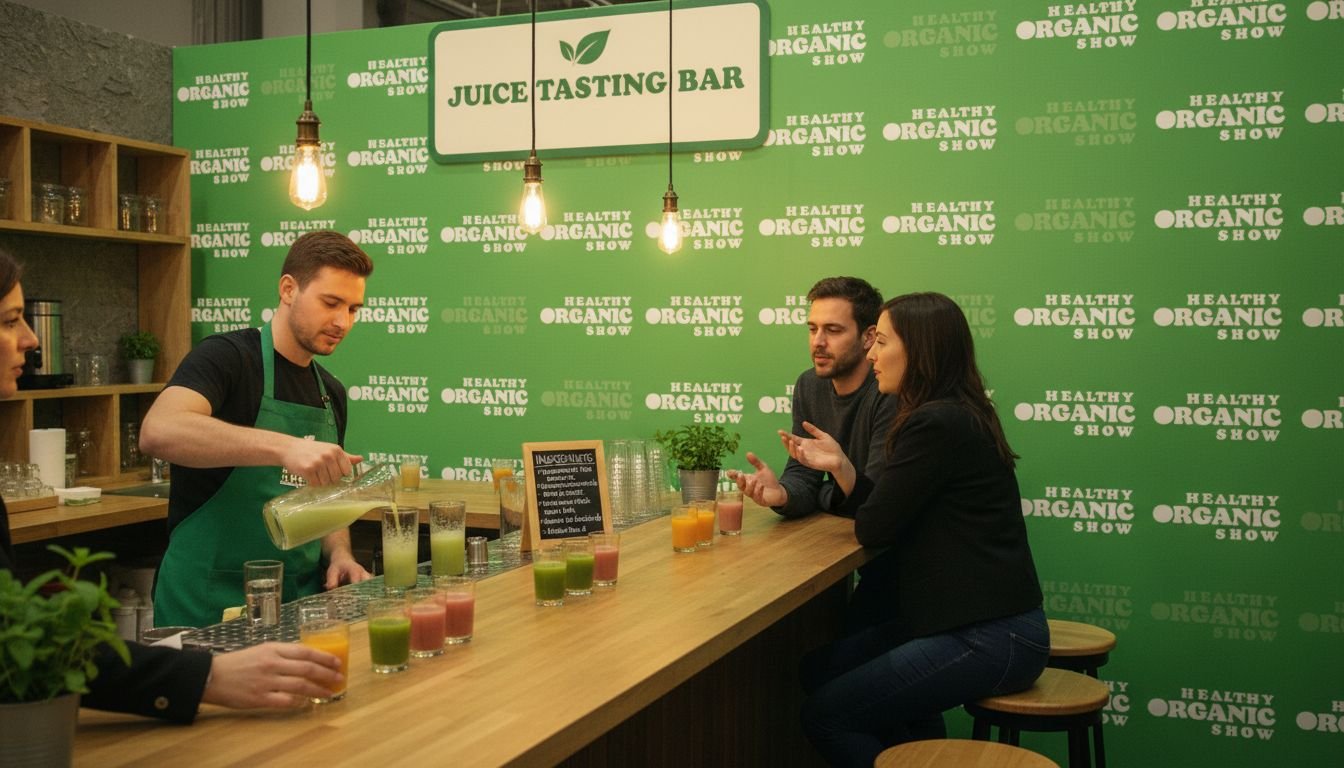 Visitors sampling organic products at the tasting bar