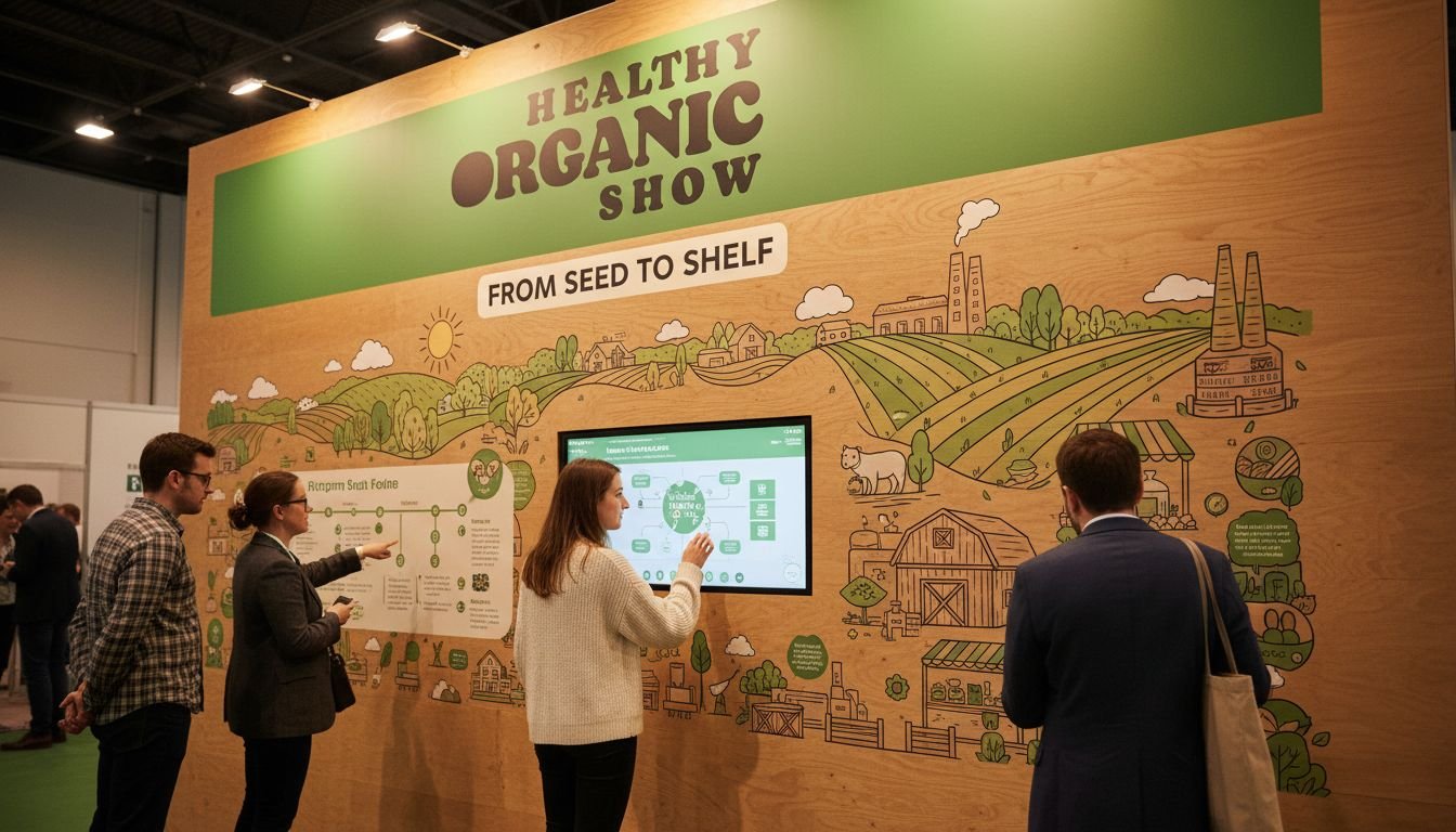 Sustainability pavilion at the show with eco-friendly displays and greenery